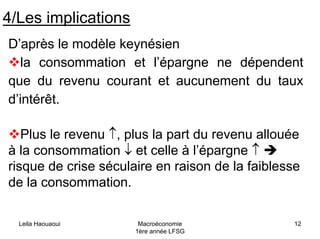 Leila Haouaoui Macroéconomie
1ère année LFSG
12
4/Les implications
D’après le modèle keynésien
la consommation et l’épargne ne dépendent
que du revenu courant et aucunement du taux
d’intérêt.
Plus le revenu ↑, plus la part du revenu allouée
à la consommation ↓ et celle à l’épargne ↑
risque de crise séculaire en raison de la faiblesse
de la consommation.
 