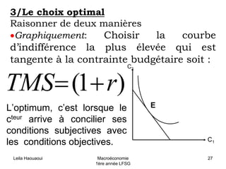 Leila Haouaoui Macroéconomie
1ère année LFSG
27
3/Le choix optimal
Raisonner de deux manières
•Graphiquement: Choisir la courbe
d’indifférence la plus élevée qui est
tangente à la contrainte budgétaire soit :
)1( rTMS +=
C2
EL’optimum, c’est lorsque le
cteur arrive à concilier ses
conditions subjectives avec
les conditions objectives. C1
 
