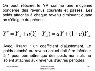 Leila Haouaoui Macroéconomie
1ère année LFSG
50
On peut réécrire le YP comme une moyenne
pondérée des revenus courants et passés. Les
poids attachés à chaque revenu diminuant quand
on s’éloigne du présent.
111
)1()( −−−
−+=−+= ttttt
P
t
YaaYYYaYY
Avec, 0<a<1 : un coefficient d’ajustement. Le
poids attaché au revenu actuel doit être inférieur
à 1 pour permettre que des poids non nuls ne
soient attachés aux revenus d’autres périodes.
 