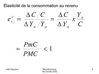 Leila Haouaoui Macroéconomie
1ère année LFSG
8
Élasticité de la consommation au revenu
1<=
∆
∆
=
∆
∆
=
PMC
PmC
C
Y
x
Y
C
YY
CC
e dt
dtdtdt
C
Ydt
 
