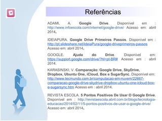 Referências
ADAMI, A. Google Drive. Disponível em :
http://www.infoescola.com/internet/google-drive/ Acesso em: abril
2014.
IDEIAPURA. Google Drive Primeiros Passos. Disponível em :
http://pt.slideshare.net/IdeiaPura/google-driveprimeiros-passos
Acesso em: abril 2014.
GOOGLE. Ajuda do Drive. Disponível em:
https://support.google.com/drive/?hl=pt-BR# Acesso em : abril
2014.
KARASINSKI, V. Comparação: Google Drive, SkyDrive,
Dropbox, Ubuntu One, iCloud, Box e SugarSync. Disponível em:
http://www.tecmundo.com.br/computacao-em-nuvem/22667-
comparacao-google-drive-skydrive-dropbox-ubuntu-one-icloud-box-
e-sugarsync.htm Acesso em : abril 2014.
REVISTA ESCOLA. 5 Pontos Positivos De Usar O Google Drive.
Disponível em : http://revistaescola.abril.com.br/blogs/tecnologia-
educacao/2014/02/11/5-pontos-positivos-de-usar-o-google-drive/
Acesso em: abril 2014.
 
