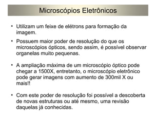 Microscópios Eletrônicos Utilizam um feixe de elétrons para formação da imagem. Possuem maior poder de resolução do que os microscópios ópticos, sendo assim, é possível observar organelas muito pequenas. A ampliação máxima de um microscópio óptico pode chegar a 1500X, entretanto, o microscópio eletrônico pode gerar imagens com aumento de 300mil X ou mais!! Com este poder de resolução foi possível a descoberta de novas estruturas ou até mesmo, uma revisão daquelas já conhecidas. 