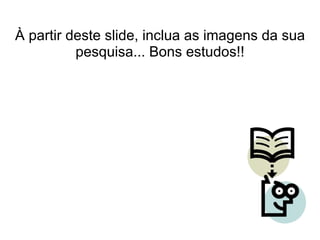 À partir deste slide, inclua as imagens da sua pesquisa... Bons estudos!! 