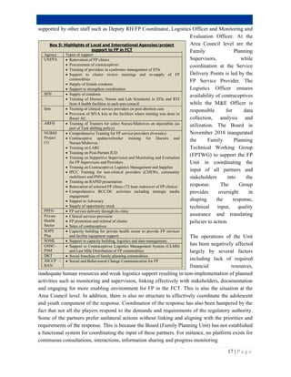 17 | P a g e
supported by other staff such as Deputy RH/FP Coordinator, Logistics Officer and Monitoring and
Evaluation Officer. At the
Area Council level are the
Family Planning
Supervisors, while
coordination at the Service
Delivery Points is led by the
FP Service Provider. The
Logistics Officer ensures
availability of contraceptives
while the M&E Officer is
responsible for data
collection, analysis and
utilization. The Board in
November 2018 inaugurated
the Family Planning
Technical Working Group
(FPTWG) to support the FP
Unit in coordinating the
input of all partners and
stakeholders into the
response. The Group
provides oversight in
shaping the response,
technical input, quality
assurance and translating
policies to action.
The operations of the Unit
has been negatively affected
largely by several factors
including lack of required
financial resources,
inadequate human resources and weak logistics support resulting in non-implementation of planned
activities such as monitoring and supervision, linking effectively with stakeholders, documentation
and engaging for more enabling environment for FP in the FCT. This is also the situation at the
Area Council level. In addition, there is also no structure to effectively coordinate the adolescent
and youth component of the response. Coordination of the response has also been hampered by the
fact that not all the players respond to the demands and requirements of the regulatory authority.
Some of the partners prefer unilateral actions without linking and aligning with the priorities and
requirements of the response. This is because the Board (Family Planning Unit) has not established
a functional system for coordinating the input of these partners. For instance, no platform exists for
continuous consultations, interactions, information sharing and progress monitoring
Box 5: Highlights of Local and International Agencies/project
support to FP in FCT
Agency Types of support
UNFPA  Renovation of FP clinics
 Procurement of contraceptives
 Training of providers in syndromic management of STIs
 Support to cluster review meetings and re-supply of FP
commodities
 Supply of female condoms
 Support to strengthen coordination
SFH  Supply of condoms
 Training of Doctors, Nurses and Lab Scientists) in STIs and RTI
from 4 health facilities in each area council.
Ipas  Training of clinical service providers on post abortion care
 Provision of MVA kits at the facilities where training was done in
Bwari AC.
ARFH  Training of Trainers for select Nurses/Midwives on injectables (as
part of Task shifting policy)
NURHI
Project
(1)
 Comprehensive Training for FP service providers (6-weeks)
 Contraceptive update/refresher training for Doctors and
Nurses/Midwives
 Training on LARC
 Training on Post-Partum IUD
 Training on Supportive Supervision and Monitoring and Evaluation
for FP Supervisors and Providers
 Training on Contraceptives Logistics Management and Supplies
 IPCC Training for non-clinical providers (CHEWs, community
mobilisers and PMVs)
 Training on RAPID presentation
 Renovation of selected FP clinics (72 hour makeover of FP clinics)
 Comprehensive BCC/DC activities including strategic media
engagement
 Support to Advocacy
 Supply of opportunity stock
PPFN  FP service delivery through its clinic
Private
Health
Sector
 Clinical services provision
 FP promotion and referral of clients
 Sales of contraceptives
SOPS
Plus
 Capacity building for private health sector to provide FP services
and facility equipment support
SOML  Support to capacity building, logistics and data management,
GHSC-
PSM
 Support to Contraceptives Logistics Management System (CLMS)
and Last Mile Distribution of FP commodities
DKT  Social franchise of family planning commodities
JHCCP –
BAN
 Social and Behavioural Change Communication for FP
 