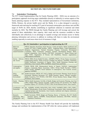 50 | P a g e
SECTION SIX: THE PATH FORWARD
7.1 Stakeholders’ Participation
The FCT Costed Implementation Plan for Family Planning (2020 – 2024) was an outcome of a
participatory approach involving major stakeholders directly or indirectly in various aspects of the
family planning response in the FCT. They included representatives of Government institutions,
NGOs, Partners, the private health sector and the Media. It is a plan designed to provide a
framework and road map for reaching FCT goal of increased contraceptive prevalence rate (mCPR)
target of 30.0% by 2024, thereby contributing to significant reduction in maternal and infant
mortality by 2024. The PHCB through the Family Planning unit will leverage and convert the
spread of these stakeholders, their capacity, their reach and the resources available to them
individually and collectively to an advantage to expand coverage and increase access to family
planning information and services in addition to working with them to make the environment
enabling especially in rural areas where level of resistance is high
The Family Planning Unit in the FCT Primary Health Care Board will provide the leadership,
manage and coordinate the implementation of the CIP while the various partners will implement
Box 10: Stakeholders’ participation in implementing the CIP
Behaviour
Change
Communication/D
emand Generation
PHCB, Education Secretariat, Social Services, Youth and Sports, Media (traditional and
social), FCT SACA, Health Facilities , PPFN, Traditional Rulers, Youth Organisations,
Religious Organisations, National Orientation Program, Community Development
Committee, TBAs, Community volunteers, Teachers, Development Partners. Multi-
national corporations. Area Councils, CDC/WHC, Association of Market Women and
Men, NYSC, Organisation of Persons with Disabilities, Business organisations,
FBOs/religious institutions
Service Delivery
and Access
PHCB, HMB, Private Health Providers, AGPMPN, PPMVs, Private Nurses Association,
Implementing Partners, NGOs involved in Health Care Delivery, NANNM, Community
Health Practitioner Association of Nigeria, TBAs, Health Institutions (Nursing and
Midwifery,) Area Councils, PPFN, NAPMED, Armed Forces and Police
Contraceptives
and supplies
FMOH, PHCB, EDP, Pharmaceutical Society of Nigeria, NAFDAC, Implementing
Partners, Community Pharm Association, LMCU, Private Health Providers, UNFPA,
DFID, USAID, AGPMPN, Social marketers of contraceptives, Area Councils, security
agencies, NAPMED
Policy and
Enabling
Environment
Health Secretariat, PHCB, FCT SACA, Budget and Economic Planning, Social Services
Secretariat, Education Secretariat, FCT Health Insurance Agency, National Assembly,
Media Executives, FCT FPAWG, CDC/WHC, Private Business Sector, Budget Office,
IPs/donors, Area Councils
Family Planning
Financing
PHCB, Health Secretariat, Fed Min of Health, Budget and Economic Planning, Acct Gen
Office, Budget Office, National Assembly, Auditor General, IPs and donors, FCT Health
Insurance Agency, FCT FPAWG, FPTWG, CSOs, Private Business Sector, Area Councils
Coordination and
Partnership
IPs, AGPMPN, AGNPN, NGOs/CSOs, NOA, NYSC, NAPMED, WDCs, CDCs, WHCs,
Media, Philanthropists, Private Sector, Professional Associations, Other community based
organised groups, Line Secretariats, Area Councils, traditional and religious institutions,
Armed Forces and Police
Research,
Monitoring, Data
Management and
Evaluation
Health Secretariat, PHCB, Budget and Planning, Bureau of Statistics, IPs, FCT Health
Insurance Agency, AGPMPN, Tertiary/Research Institutions, CDC/WHC, National
Population Commission
 