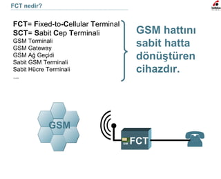 FCT nedir? FCT =  F ixed-to -C ellular  T erminal SCT =  S abit  C ep  T erminali GSM Terminali GSM Gateway GSM Ağ Geçidi Sabit GSM Terminali Sabit Hücre Terminali … GSM hattını  sabit hatta  dönüştüren  cihazdır. GSM FCT  SIM 