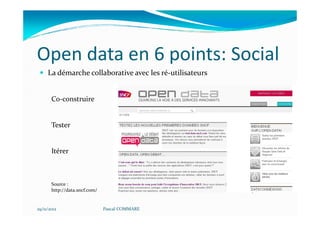 Open data en 6 points: Social
     La démarche collaborative avec les ré-utilisateurs


       Co-construire


       Tester


       Itérer



       Source :
       http://data.sncf.com/


29/11/2012                     Pascal COMMARE
 