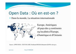 Open Data : Où en est-on ?
     Dans la monde, La situation internationale

                                               Europe, Amériques
                                               28 pays des 5 continents
                                               119 localités d’Europe,
                                               d’Amérique et d’Océanie


 Source : OPEN DATA : ETAT DE L’ART, Ferdinand BOAS & Benjamin JEAN le 26/04/12



29/11/2012                Pascal COMMARE
 