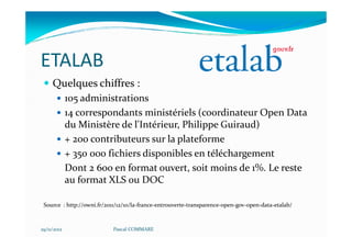 ETALAB
     Quelques chiffres :
             105 administrations
             14 correspondants ministériels (coordinateur Open Data
             du Ministère de l'Intérieur, Philippe Guiraud)
             + 200 contributeurs sur la plateforme
             + 350 000 fichiers disponibles en téléchargement
             Dont 2 600 en format ouvert, soit moins de 1%. Le reste
             au format XLS ou DOC

 Source : http://owni.fr/2011/12/10/la-france-entrouverte-transparence-open-gov-open-data-etalab/



29/11/2012                 Pascal COMMARE
 