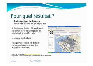 Pour quel résultat ?
     Du journalisme de données
     La carte interactive des 500 signatures

 Utilisation du fichier pdf des élus qui
 ont apporté leur parrainage aux dix
 candidats à la présidentielle

 Et une géo localisation

 Vous pouvez voir le nom de l’élu
 qui a donné sa voix, sa fonction
 et son parti politique


 Source : Le 1 avril 2012 Julien Kirch et Sabine Blanc ,
 http://owni.fr/2012/04/01/app-quel-candidat-votre-elu-a-t-il-parraine/



29/11/2012                       Pascal COMMARE
 