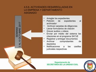 4.5.6. ACTIVIDADES DESARROLLADAS EN
LA EMPRESA Y DEPARTAMENTO
ASIGNADO
Departamento de
SECRETARÍA DE LA UNIDAD CIVIL
• Arreglar los expedientes
• Petición de expedientes al
archivador
• Archivar carpetas de diligencias
• Llenar formularios de citación
• Gravar audios y videos
• Enviar por medio del sistema las
citaciones en el programa SATJE
• Registrar y entregar documentos
• Archivar comprobantes de
depósitos
• Notificaciones a las casillas
judiciales respectivas
SEMANA
2AL6OCTUBRE2017
 