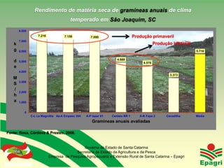 Rendimento de matéria seca de gramíneas anuais de clima
                                              temperado em São Joaquim, SC
        8.000
                          7.216           7.156            7.090                      Produção primaveril
        7.000
    k                                                                                              Produção hibernal
    g   6.000                                                                                                          5.716

                                                                          4.888
    d   5.000                                                                              4.570
    e
        4.000
                                                                                                           3.373
   M
        3.000
   S
   /
        2.000
   h
   a    1.000


             0
                      C-L La Magnólia Az-A Empasc 304   A-P Iapar 61   Centeio BR 1      A-B Fapa 2      Cevadilha     Média
                                                            Gramíneas anuais avaliadas

Fonte: Rosa, Córdova & Prestes, 2008.


                                                    Governo do Estado de Santa Catarina
                                                Secretaria de Estado da Agricultura e da Pesca
                                  Empresa de Pesquisa Agropecuária e Extensão Rural de Santa Catarina – Epagri
  Governo do Estado
 
