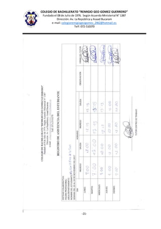 COLEGIO DE BACHILLERATO “REMIGIO GEO GOMEZ GUERRERO”
Fundado el 08 de Julio de 1976. Según Acuerdo Ministerial N° 1387
Dirección: Av. La República y Asaad Bucaram
e-mail: colegioremigiogeogomez_2462@hotmail.es
Telf: 072-510370
-21-
 