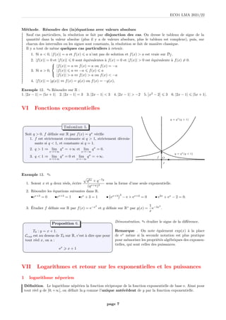 ECO1 LMA 2021/22
Méthode. Résoudre des (in)équations avec valeurs absolues
≀
≀
≀
≀
≀
≀
≀
≀
≀
≀
≀
≀
≀
≀
≀
≀
≀
≀
≀
≀
≀
≀
≀
≀
≀
≀
Sauf cas particuliers, la résolution se fait par disjonction des cas. On dresse le tableau de signe de la
quantité dans la valeur absolue (plus il y a de valeurs absolues, plus le tableau est complexe), puis, sur
chacun des intervalles ou les signes sont constants, la résolution se fait de manière classique.
Il y a tout de même quelques cas particuliers à retenir.
1. Si a  0, |f(x)| = a et f(x) 6 a n’ont pas de solution et f(x)  a est vraie sur Df .
2. |f(x)| = 0 et |f(x)| 6 0 sont équivalentes à f(x) = 0 et |f(x)|  0 est équivalente à f(x) 6= 0.
3. Si a  0,



|f(x)| = a ⇔ f(x) = a ou f(x) = −a
|f(x)| 6 a ⇔ −a 6 f(x) 6 a
|f(x)|  a ⇔ f(x)  a ou f(x)  −a
4. |f(x)| = |g(x)| ⇔ f(x) = g(x) ou f(x) = −g(x),
Exemple 12. ✎ Résoudre sur R :
1. |2x − 1| = |5x + 1| 2. |2x − 1| = 3 3. |2x − 1|  3 4. |2x − 1|  −2 5. x2
− 2 6 3 6. |2x − 1| 6 |5x + 1|.
VI Fonctions exponentielles
Soit q  0. f définie sur R par f(x) = qx
vérifie
1. f est strictement croissante si q  1, strictement décrois-
sante si q  1, et constante si q = 1.
2. q  1 ⇒ lim
x→+∞
qx
= +∞ et lim
x→−∞
qx
= 0.
3. q  1 ⇒ lim
x→+∞
qx
= 0 et lim
x→−∞
qx
= +∞.
Théorème 5.
b
y = qx
(q  1)
y = qx
(q  1)
O
~

~
ı
Exemple 13. ✎ a
1. Soient x et y deux réels, écrire
p
q6x × q−7y
(qx+y)3
sous la forme d’une seule exponentielle.
2. Résoudre les équations suivantes dans R.
•ex+3
= 0 •ex+3
= 1 •ex
+ 3 = 1 • ex+3
2
− e × ex+2
= 0 • e2x
+ ex
− 2 = 0.
3. Étudier f définie sur R par f(x) = e−x2
et g définie sur R∗
par g(x) =
1
x
e−3x2
.
T0 : y = x + 1.
Cexp est au dessus de T0 sur R, c’est à dire que pour
tout réel x, on a :
ex
 x + 1
Proposition 6. Démonstration. ✎ étudier le signe de la différence.
Remarque . On note également exp(x) à la place
de ex
même si la seconde notation est plus pratique
pour mémoriser les propriétés algébriques des exponen-
tielles, qui sont celles des puissances.
VII Logarithmes et retour sur les exponentielles et les puissances
1 logarithme néperien
Définition. Le logarithme népérien la fonction réciproque de la fonction exponentielle de base e. Ainsi pour
tout réel y de ]0; +∞[, on définit ln y comme l’unique antécédent de y par la fonction exponentielle.
page 7
 