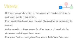 V M
C
Views
•
Deﬁnes a rectangular region on the screen and handles the drawing
and touch events in that region.
•
Every application has at least one view (the window) for presenting it’s
content.
•
A view can also act as a parent for other views and coordinate the
placement and sizing of those views.
•
Examples: Buttons, Navigation Bars, Alerts, Table View Cells, etc...
 