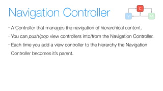 Navigation Controller
•
A Controller that manages the navigation of hierarchical content.
•
You can push/pop view controllers into/from the Navigation Controller.
•
Each time you add a view controller to the hierarchy the Navigation
Controller becomes it’s parent.
V M
C
 