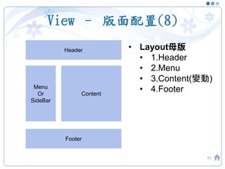 View – 版面配置(8)
51
Header
Footer
Menu
Or
SideBar
Content
• Layout母版
• 1.Header
• 2.Menu
• 3.Content(變動)
• 4.Footer
 
