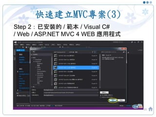 快速建立MVC專案(3)
33
Step 2：已安裝的 / 範本 / Visual C#
/ Web / ASP.NET MVC 4 WEB 應用程式
 