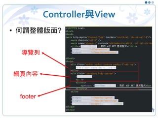 Controller與View
• 何謂整體版面?
39
導覽列
網頁內容
footer
 