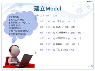 建立Model
54
public class Student
{
public string ID { get; set; }
public string NAME { get; set; }
public string CLASSROOM { get; set; }
public string ADDRESS { get; set; }
public string EMAIL { get; set; }
public string TEL { get; set; }
}
1.學號(ID)
2.姓名(NAME)
3.班級(CLASSROOM)
4.通訊地址
(ADDRESS)
5.電子信箱(EMAIL)
6.連絡電話(TEL)
攻城屍
 