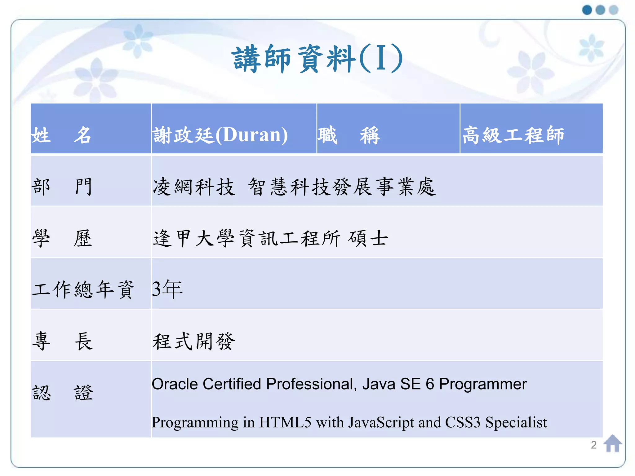 講師資料(I) 2 姓 名 謝政廷(Duran) 職 稱 高級工程師 部 門 凌網科技 智慧科技發展事業處 學 歷 逢甲大學資訊工程所 碩士 工作總年資 3年 專 長 程式開發 認 證 Oracle Certified Professional, Java SE 6 Programmer Programming in HTML5 with JavaScript and CSS3 Specialist 