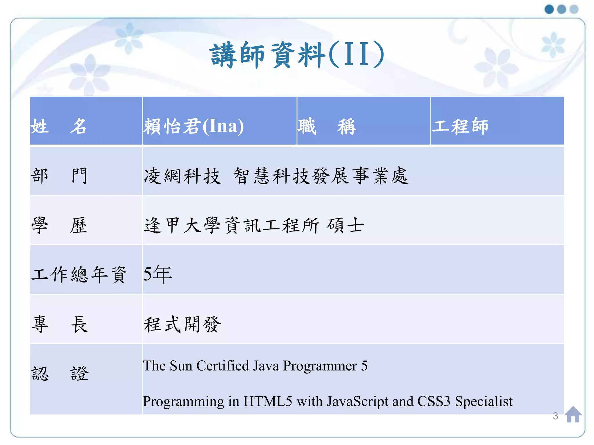 講師資料(II) 姓 名 賴怡君(Ina) 職 稱 工程師 部 門 凌網科技 智慧科技發展事業處 學 歷 逢甲大學資訊工程所 碩士 工作總年資 5年 專 長 程式開發 認 證 The Sun Certified Java Programmer 5 Programming in HTML5 with JavaScript and CSS3 Specialist 3 