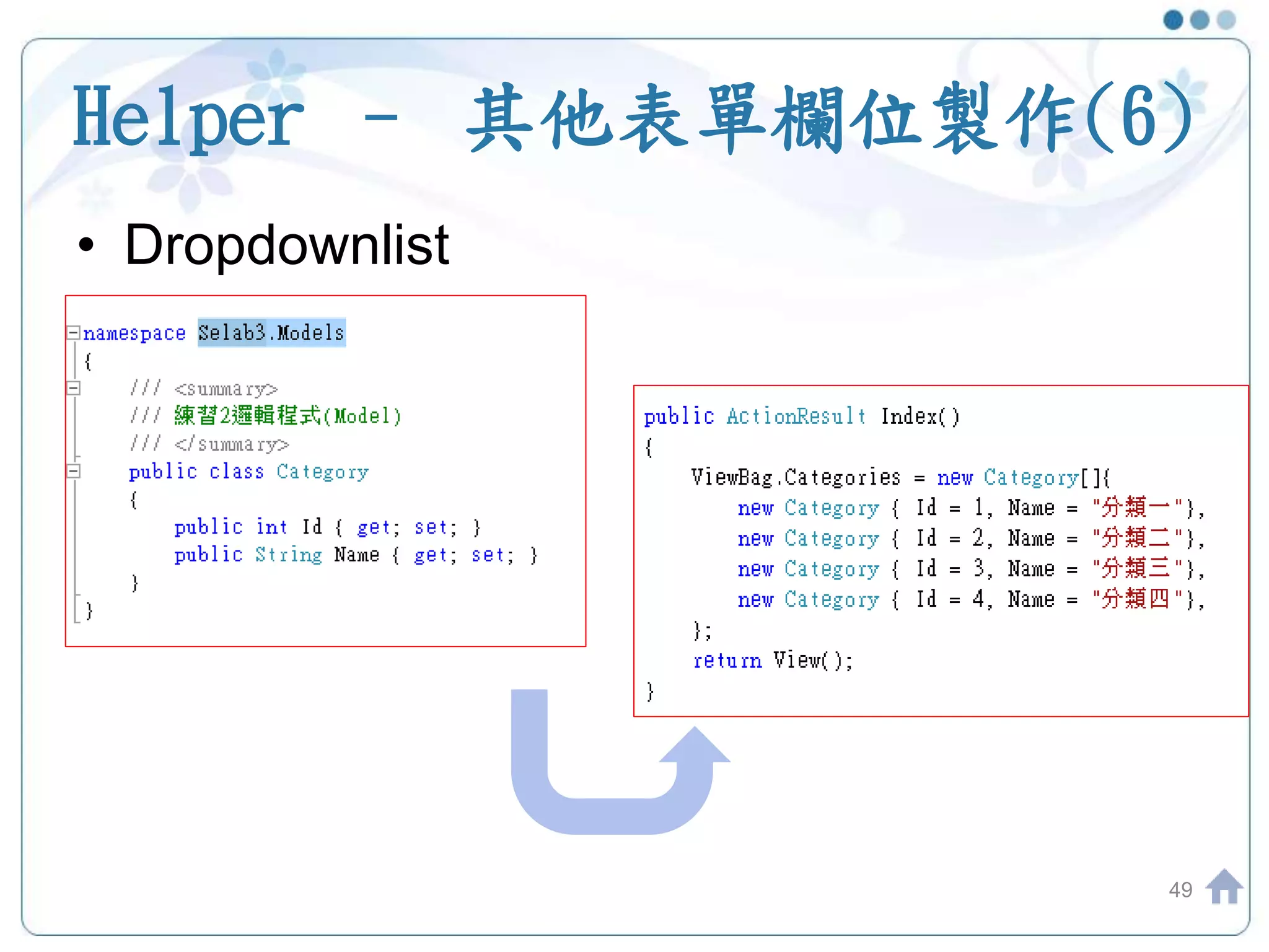 Helper – 其他表單欄位製作(6) • Dropdownlist 49 