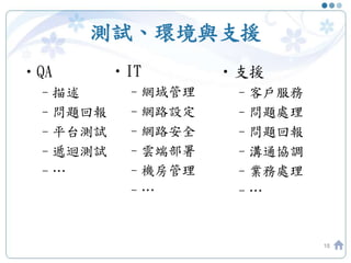 測試、環境與支援
•QA
–描述
–問題回報
–平台測試
–遞迴測試
–…
18
•IT
–網域管理
–網路設定
–網路安全
–雲端部署
–機房管理
–…
•支援
–客戶服務
–問題處理
–問題回報
–溝通協調
–業務處理
–…
 