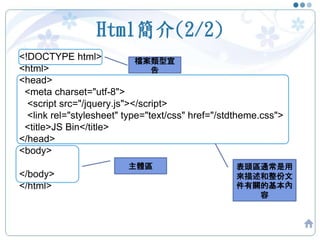 Html簡介(2/2)
<!DOCTYPE html>
<html>
<head>
<meta charset="utf-8">
<script src="/jquery.js"></script>
<link rel="stylesheet" type="text/css" href="/stdtheme.css">
<title>JS Bin</title>
</head>
<body>
</body>
</html>
檔案類型宣
告
主體區 表頭區通常是用
來描述和整份文
件有關的基本內
容
 