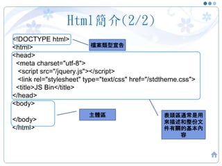 Html簡介(2/2)
<!DOCTYPE html>
<html>
<head>
<meta charset="utf-8">
<script src="/jquery.js"></script>
<link rel="stylesheet" type="text/css" href="/stdtheme.css">
<title>JS Bin</title>
</head>
<body>
</body>
</html>
檔案類型宣告
主體區 表頭區通常是用
來描述和整份文
件有關的基本內
容
 
