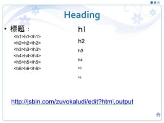 Heading
• 標題：
<h1>h1</h1>
<h2>h2</h2>
<h3>h3</h3>
<h4>h4</h4>
<h5>h5</h5>
<h6>h6</h6>
http://jsbin.com/zuvokaludi/edit?html,output
 