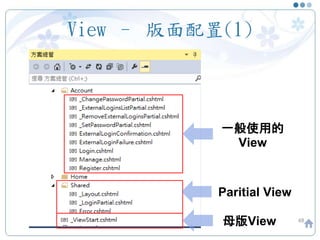 View – 版面配置(1)
48
一般使用的
View
Paritial View
母版View
 