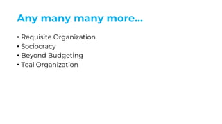 Any many many more…
• Requisite Organization
• Sociocracy
• Beyond Budgeting
• Teal Organization
 