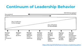 Continuum of Leadership Behavior
https://hbr.org/1973/05/how-to-choose-a-leadership-pattern
 