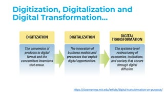 Digitization, Digitalization and
Digital Transformation…
https://sloanreview.mit.edu/article/digital-transformation-on-purpose/
 