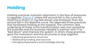 Holding
Holding practices maintain alignment in the face of pressures
to separate. Figure 2, where the second fall in the curve for
HoldThis is shown in ing falls slower and shallower than the
second fall in the Baseline curve. We observed three practices
that facilitated Holding at the hospital. The common idea
underlying all three is the transformation was now owned by
the business and the business needed to partner with IT to
"bed down" and improve the system. In short, these practices
gave the motivation and the structures to stay together.
• Adjusting governance structures
• Reallocating funding and resources
• Managing expectations and knowledge-sharing
 