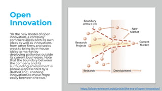 Open
Innovation
“In the new model of open
innovation, a company
commercializes both its own
ideas as well as innovations
from other firms and seeks
ways to bring its in-house
ideas to market by
deploying pathways outside
its current businesses. Note
that the boundary between
the company and its
surrounding environment is
porous (represented by a
dashed line), enabling
innovations to move more
easily between the two.”
https://sloanreview.mit.edu/article/the-era-of-open-innovation/
 