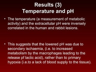 Results (3)
Temperature and pH
• The temperature (a measurement of metabolic
activity) and the extracellular pH were inversely
correlated in the human and rabbit lesions.
• This suggests that the lowered pH was due to
secondary ischaemia, (i.e. to increased
metabolism by the macrophages leading to the
release pf lactic acid), rather than to primary
hypoxia (i.e.to a lack of blood supply to the tissue).
 