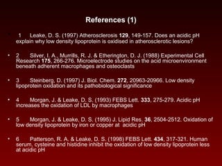 References (1)
• 1 Leake, D. S. (1997) Atherosclerosis 129, 149-157. Does an acidic pH
explain why low density lipoprotein is oxidised in atherosclerotic lesions?
• 2 Silver, I. A., Murrills, R. J. & Etherington, D. J. (1988) Experimental Cell
Research 175, 266-276. Microelectrode studies on the acid microenvironment
beneath adherent macrophages and osteoclasts
• 3 Steinberg, D. (1997) J. Biol. Chem. 272, 20963-20966. Low density
lipoprotein oxidation and its pathobiological significance
• 4 Morgan, J. & Leake, D. S. (1993) FEBS Lett. 333, 275-279. Acidic pH
increases the oxidation of LDL by macrophages
• 5 Morgan, J. & Leake, D. S. (1995) J. Lipid Res. 36, 2504-2512. Oxidation of
low density lipoprotein by iron or copper at acidic pH
• 6 Patterson, R. A. & Leake, D. S. (1998) FEBS Lett. 434, 317-321. Human
serum, cysteine and histidine inhibit the oxidation of low density lipoprotein less
at acidic pH
 