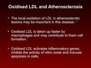 Oxidised LDL and Atherosclerosis
• The local oxidation of LDL in atherosclerotic
lesions may be important in this disease. 3
• Oxidised LDL is taken up faster by
macrophages and may contribute to foam cell
formation.
• Oxidised LDL activates inflammatory genes,
inhibits the activity of nitric oxide and induces
apoptosis in cells.
 