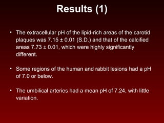 Results (1)
• The extracellular pH of the lipid-rich areas of the carotid
plaques was 7.15 ± 0.01 (S.D.) and that of the calcified
areas 7.73 ± 0.01, which were highly significantly
different.
• Some regions of the human and rabbit lesions had a pH
of 7.0 or below.
• The umbilical arteries had a mean pH of 7.24, with little
variation.
 