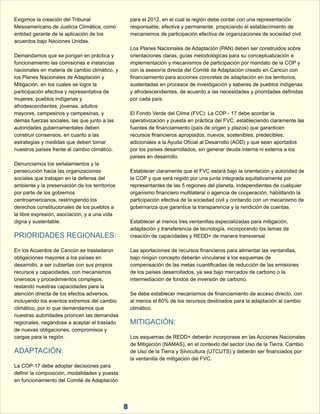 Exigimos la creación del Tribunal  para el 2012, en el cual la región debe contar con una representación  
Mesoamericano de Justicia Climática, como  responsable, efectiva y permanente, propiciando el establecimiento de  
entidad garante de la aplicación de los  mecanismos de participación efectiva de organizaciones de sociedad civil. 
acuerdos bajo Naciones Unidas. 
8 
Los Planes Nacionales de Adaptación (PAN) deben ser construidos sobre  
Demandamos que se pongan en práctica y  orientaciones claras, guías metodológicas para su conceptualización e  
funcionamiento las comisiones e instancias  implementación y mecanismos de participación por mandato de la COP y  
nacionales en materia de cambio climático, y  con la asesoría directa del Comité de Adaptación creado en Cancún con   
los Planes Nacionales de Adaptación y  financiamiento para acciones concretas de adaptación en los territorios,  
Mitigación, en los cuales se logre la  sustentadas en procesos de investigación y saberes de pueblos indígenas  
participación efectiva y representativa de  y afrodescendientes, de acuerdo a las necesidades y prioridades definidas  
mujeres, pueblos indígenas y  por cada país. 
afrodescendientes, jóvenes, adultos  
mayores, campesinos y campesinas, y  El Fondo Verde del Clima (FVC): La COP - 17 debe acordar la  
demás fuerzas sociales, las que junto a las  operativización y puesta en práctica del FVC, estableciendo claramente las  
autoridades gubernamentales deben  fuentes de financiamiento (país de origen y plazos) que garanticen  
construir consensos, en cuanto a las  recursos financieros apropiados, nuevos, sostenibles, predecibles,  
estrategias y medidas que deben tomar  adicionales a la Ayuda Oficial al Desarrollo (AOD) y que sean aportados  
nuestros países frente al cambio climático. por los países desarrollados, sin generar deuda interna ni externa a los  
países en desarrollo. 
Denunciamos los señalamientos y la  
persecución hacia las organizaciones  Establecer claramente que el FVC estará bajo la orientación y autoridad de  
sociales que trabajan en la defensa del  la COP y que será regido por una junta integrada equitativamente por  
ambiente y la preservación de los territorios  representantes de las 5 regiones del planeta, independientes de cualquier  
por parte de los gobiernos  organismo financiero multilateral o agencia de cooperación, habilitando la  
centroamericanos, restringiendo los  participación efectiva de la sociedad civil y contando con un mecanismo de  
derechos constitucionales de los pueblos a  gobernanza que garantice la transparencia y la rendición de cuentas. 
la libre expresión, asociación, y a una vida  
digna y sustentable. Establecer al menos tres ventanillas especializadas para mitigación,  
adaptación y transferencia de tecnología, incorporando los temas de  
creación de capacidades y REDD+ de manera transversal. 
PRIORIDADES REGIONALES: 
En los Acuerdos de Cancún se trasladaron  Las aportaciones de recursos financieros para alimentar las ventanillas,  
obligaciones mayores a los países en  bajo ningún concepto deberán vincularse a los esquemas de  
desarrollo, a ser cubiertas con sus propios  compensación de las metas cuantificadas de reducción de las emisiones  
recursos y capacidades, con mecanismos  de los países desarrollados, ya sea bajo mercados de carbono o la  
onerosos y procedimientos complejos,  intermediación de fondos de inversión de carbono. 
restando nuestras capacidades para la  
atención directa de los efectos adversos,  Se debe establecer mecanismos de financiamiento de acceso directo, con  
incluyendo los eventos extremos del cambio  al menos el 60% de los recursos destinados para la adaptación al cambio  
climático, por lo que demandamos que  climático. 
nuestras autoridades prioricen las demandas  
regionales, negándose a aceptar el traslado  
de nuevas obligaciones, compromisos y  
cargas para la región. Los esquemas de REDD+ deberán incorporase en las Acciones Nacionales  
de Mitigación (NAMAS), en el contexto del sector Uso de la Tierra, Cambio  
de Uso de la Tierra y Silvicultura (UTCUTS) y deberán ser financiados por  
la ventanilla de mitigación del FVC. 
La COP-17 debe adoptar decisiones para  
definir la composición, modalidades y puesta  
en funcionamiento del Comité de Adaptación  
MITIGACIÓN: 
ADAPTACIÓN: 
 