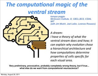 The	
  computa,onal	
  magic	
  of	
  the	
  
                ventral	
  stream
                                                  tomaso poggio
                                                  McGovern Institute, I2, CBCL,BCS, CSAIL
                                                  MIT
                                                  (with Jim Mutch, Joel Leibo, Lorenzo Rosasco)



                                                  A	
  dream:	
  
                                                  I	
  have	
  a	
  theory	
  of	
  what	
  the	
  
                                                  ventral	
  stream	
  does	
  and	
  how;	
  it	
  
                                                  can	
  explain	
  why	
  evolu:on	
  chose	
  
                                                  a	
  hierarchical	
  architecture	
  and	
  
                                                  how	
  computa:ons	
  determine	
  
                                                  proper:es	
  of	
  cells	
  speciﬁc	
  for	
  
                                                  each	
  visual	
  area.
          Very preliminary, provocative, probably completely wrong theory, but if true...
                    what else do we want from computational neuroscience?
                                                  	
  
Monday, August 29, 2011
 