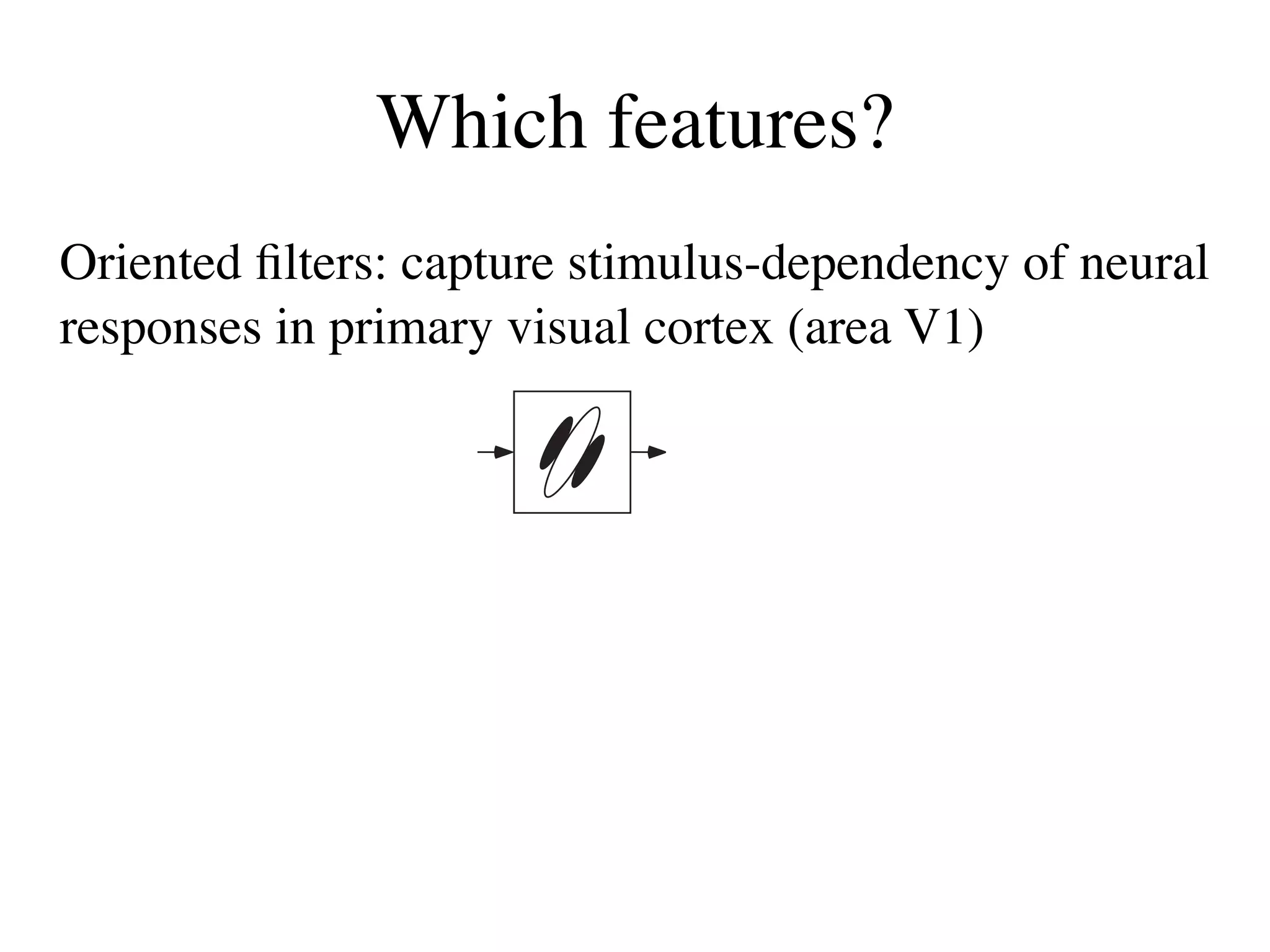 Which features?
Oriented ﬁlters: capture stimulus-dependency of neural
responses in primary visual cortex (area V1)

            Simple cell




           Complex cell          +




                                       [Adelson & Bergen, 1985]
 