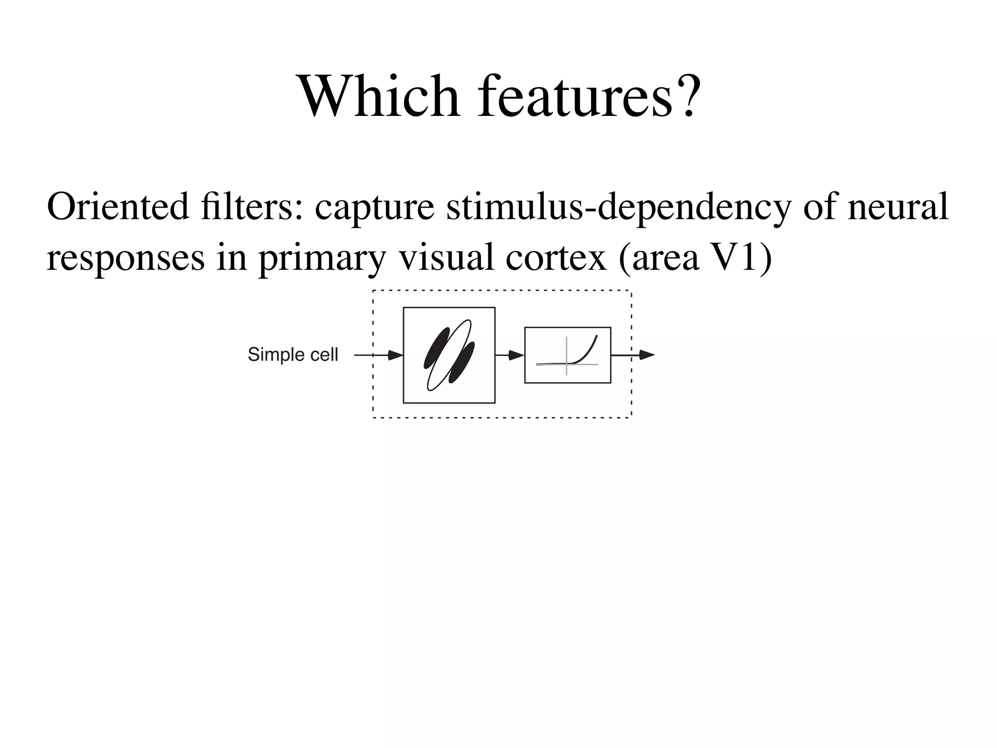 Which features?
Oriented ﬁlters: capture stimulus-dependency of neural
responses in primary visual cortex (area V1)

            Simple cell




           Complex cell          +




                                       [Adelson & Bergen, 1985]
 