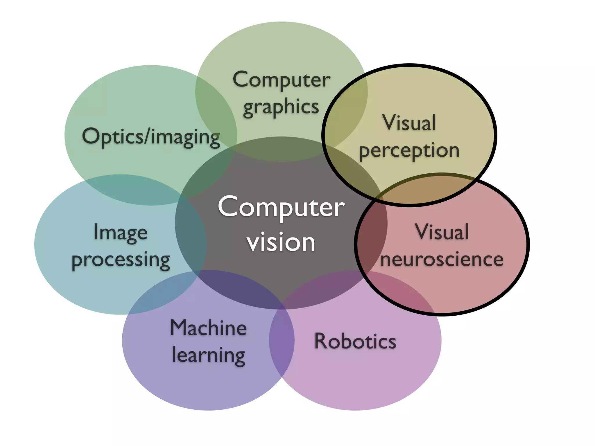 Computer
                   graphics
                                Visual
 Optics/imaging
                              perception

              Computer
  Image                            Visual
               vision
processing                      neuroscience

         Machine
                         Robotics
         learning
 