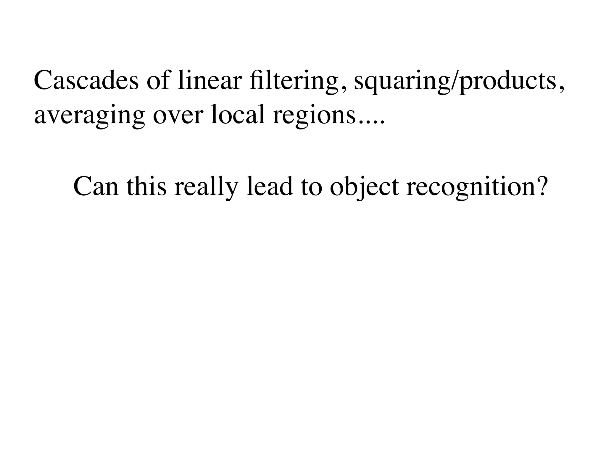 Cascades of linear ﬁltering, squaring/products,
averaging over local regions....

   Can this really lead to object recognition?
 