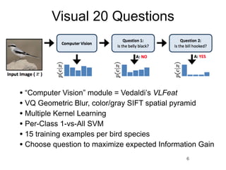 Visual 20 Questions




• “Computer Vision” module = Vedaldi’s VLFeat
• VQ Geometric Blur, color/gray SIFT spatial pyramid
• Multiple Kernel Learning
• Per-Class 1-vs-All SVM
• 15 training examples per bird species
• Choose question to maximize expected Information Gain
                                               6
 