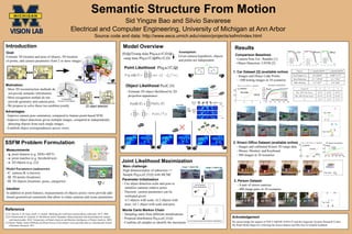 Semantic Structure From Motion
                                                                                       Sid Yingze Bao and Silvio Savarese
     VISION LAB                                                      Electrical and Computer Engineering, University of Michigan at Ann Arbor
                                                                                              Source code and data: http://www.eecs.umich.edu/vision/projects/ssfm/index.html

Introduction                                                                                                        Model Overview                                                                                                        Results
Goal:                                                                                                                                                               Assumption:                                                                                                                                         Car                     Person
                                                                                                                    {O,Q,C}=arg max P(q,u,o|C,O,Q)                                                                                        Comparison Baselines
                                                                                                                                                                                                                                                                                                                                                                     Oﬃce

Estimate 3D location and pose of objects, 3D location                                                                                                               Given camera hypothesis, objects
                                                                                                                     =arg max P(q,u|C,Q)P(o|C,O)                                                                                          - Camera Pose Est.: Bundler [1]
of points, and camera parameters from 2 or more images.                                                                                                             and points are independent
                                                                                                                                                                                                                                          - Object Detection: LSVM [2]
                                                                                                                     Point Likelihood P(q,u|C,Q)
                                                                                                                                                                                                                                        1. Car Dataset [3] (available online)
                                                                                                                                                                                                                                           - Images and Dense Lidar Points
                                                                                                                                                                                                                                           - ~500 testing images in 10 scenarios
Motivation:                                                                                                           Object Likelihood P(o|C,O)                                                                                                 Cam. T. est. error v.s. baseline         3D object localization
                                                                                                                                                                                                                                                                               0.3
- Most 3D reconstruction methods do                                                                                                                                                                                                      40
                                                                                                                                                                                                                                                 e (degree)
                                                                                                                                                                                                                                                  T                           0.25
                                                                                                                                                                                                                                                                                    Recall
                                                                                                                       - Estimate 3D object likelihood by 2D                                                                                          Bundler                  0.2                          4 Cam
  not povide semantic information.                                                                                                                                                                                                                                      SSFM 0.15                           3 Cam
                                                                                                                         projection appearance:                                                                                          20
                                                                                                                                                                                                                                                                               0.1                          2 Cam
- Most recognition methds do not         Conventional                                                                                                                                                                                                                         0.05
                                                                                                                                                                                                                                                                                                            1 Cam
                                                                                                                                                                                                                                                                                           False Positive per Image
                                                                                                                                                                                                                                         0
  provide geometry and camera pose. Structure From Motion                                                                                                                                                                                    1            2           3     4
                                                                                                                                                                                                                                                                                0
                                                                                                                                                                                                                                                                                   0    2       4      6      8    10

- We propose to solve these two problem jointly.                                     2D object detection
Advantages:
- Improve camera pose estimation, compared to feature-point-based SFM.
- Improve object detections given multiple images, compared to independently
  detecting objects from each single images.
- Establish object correspondences across views.



SSFM Problem Formulation                                                                                                                                                                                                                2. Kinect Office Dataset (available online)                                           Cam. T. est. error v.s. baseline
                                                                                                                                                                                                                                                                                                                         20 e (degree)
                                                                                                                                                                                                                                                                                                                                                                 3D object localization


                                                                                                            Q
                                                                                                                                                                                                                                           - Images and calibrated Kinect 3D range data                                      T                                   Recall
                                                                                                                                                                                                                                                                                                                                                                          2 Cam
                                                                                                                                                                                                                                                                                                                                                                          1 Cam
                                                                                                                                                                                                                                                                                                                                            Bundler
 Measurements                                                                                                                                                                                                                              - Mouse, Monitor, and Keyboard                                                10

 - q: point features (e.g. DOG+SIFT)                                                                                                                                                                                                       - 500 images in 10 scenarios                                                   0
                                                                                                                                                                                                                                                                                                                                                     SSFM                 False Positive per Image
                                                                                             O                                                                                                                                                                                                                            0.4         0.6      0.8          1
 - u: point matches (e.g. threshold test)
 - o: 2D objects (e.g. [2])
                                                              o
                                                                                                                    Joint Likelihood Maximization
                                                                                                                     Main challenge:                                  image 1 object det.                   image 2 object det.
Model Parameters (unknowns)                                                                                          High dimensionality of unknowns =>
                                                                              q
                                                                                                                                                                                          azimuth=20


- C: camera (K is known)
                                                                                                                                                                                           zenith =10



                                               C
                                                                                                    o           q    Sample P(q,u,o|C,O,Q) with MCMC                                                                       azimuth=90
                                                                                                                                                                                                                            zenith =5

- Q: 3D points (locations)                                                                                                                                            azimuth=-20
                                                                                                                                                                       zenith =9
                                                                                                                                                                                                             azimuth=70


                                                                                                                    Parameter Initialization
                                                                                                                                                                                                              zenith =10


- O: 3D objects (locations, poses, categories)                                                                                                                                                                                           3. Person Dataset
                                                                                                        C           - Use object detection scale and pose to                                one of camera                                   - A pair of stereo cameras
 Intuition:                                                                                                           initialize cameras relative poses                                   pose initializations
                                                                                                                                                                                                                                            - 400 image pairs in 10 scenarios
 In addition to point features, measurements of objects across views provide add-                                   - Theorem: camera parameters can be
 itional geometrical constraints that allow to relate cameras and scene parameters.                                   estimated given:
                                                                                                                      i) 3 objects with scale; ii) 2 objects with
                                                                                                                      pose; iii) 1 object with scale and pose.
Reference                                                                                                           Monte Carlo Markov Chain
[1] N. Snavely, S. M. Seitz, and R. S. Szeliski. Modeling the world from internet photo collections. IJCV. 2008.    - Sampling starts from different initializations
[2] P. Felzenszwalb, R. Girshick, D. McAllester, and D. Ramanan. Object detection with discriminatively trained
                                                                                                                    - Proposal distribution P(q,u,o|C,O,Q)                                                                              Ackowledgement
     part based models. IEEE Transactions on Pattern Analysis and Machine Intelligence of Pattern Analysis, 2009.                                                                   one of camera poses and objects initializations
[3] Gaurav Pandey, James McBride,,and Ryan Eustice,.Ford campus vision and lidar data set. International Journal    - Combine all samples to identify the maximum                                                                       We acknowledge the support of NSF CAREER #1054127 and the Gigascale Systems Research Center.
    of Robotics Research. 2011                                                                                                                                                                                                          We thank Mohit Bagra for collecting the Kinect dataset and Min Sun for helpful feedback.
 