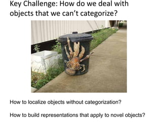 Key Challenge: How do we deal with
objects that we can’t categorize?




How to localize objects without categorization?

How to build representations that apply to novel objects?
 